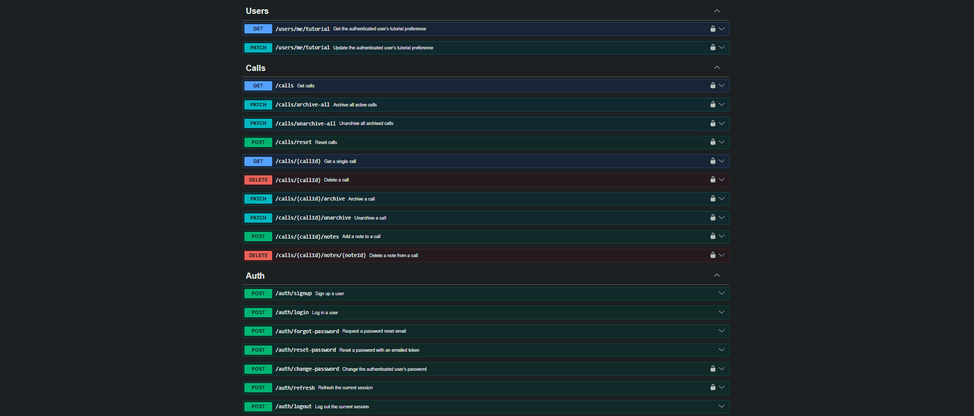 Swagger documentation listing the Call Center API endpoints