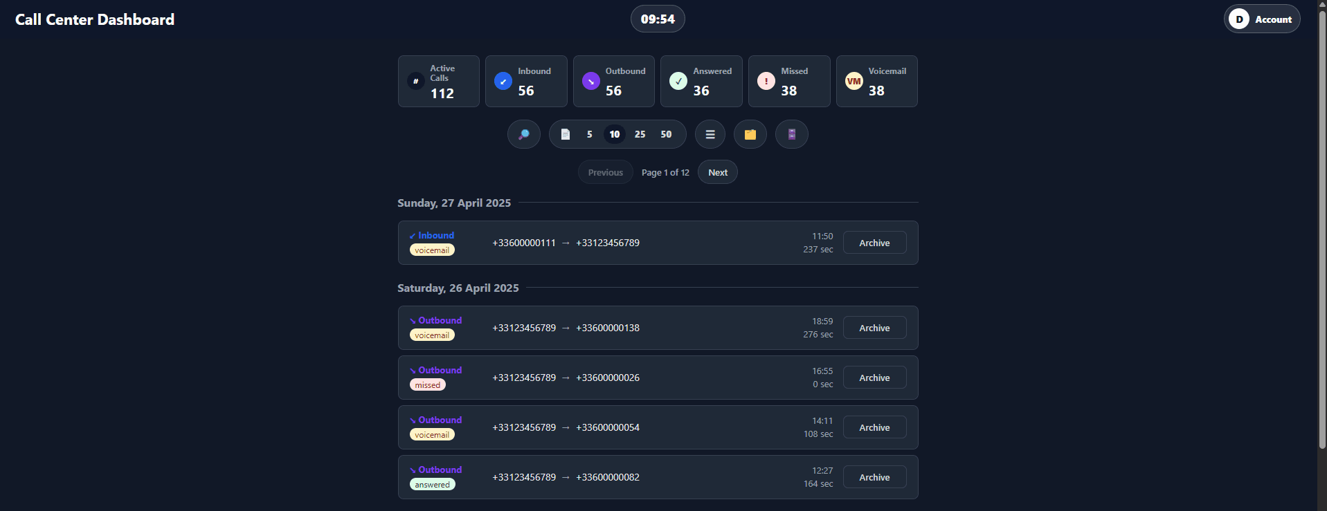 Call Center dashboard showing call totals and a paginated call list
